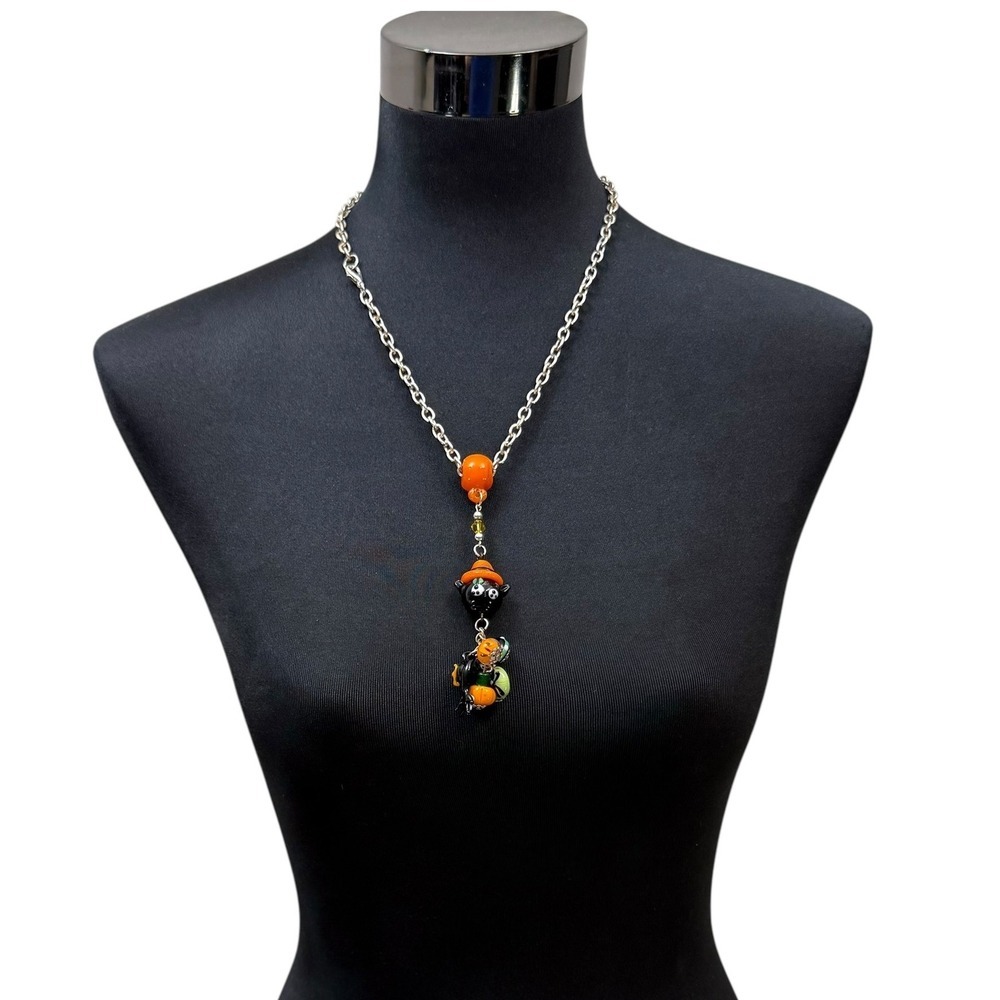 Glass Lampwork Beads Charm Pendant Necklace Halloween Silver Tone Chain 14.5 inL